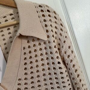 French Connection Manda Pointelle-Knit Polo Sweater Oatmeal Small NWT